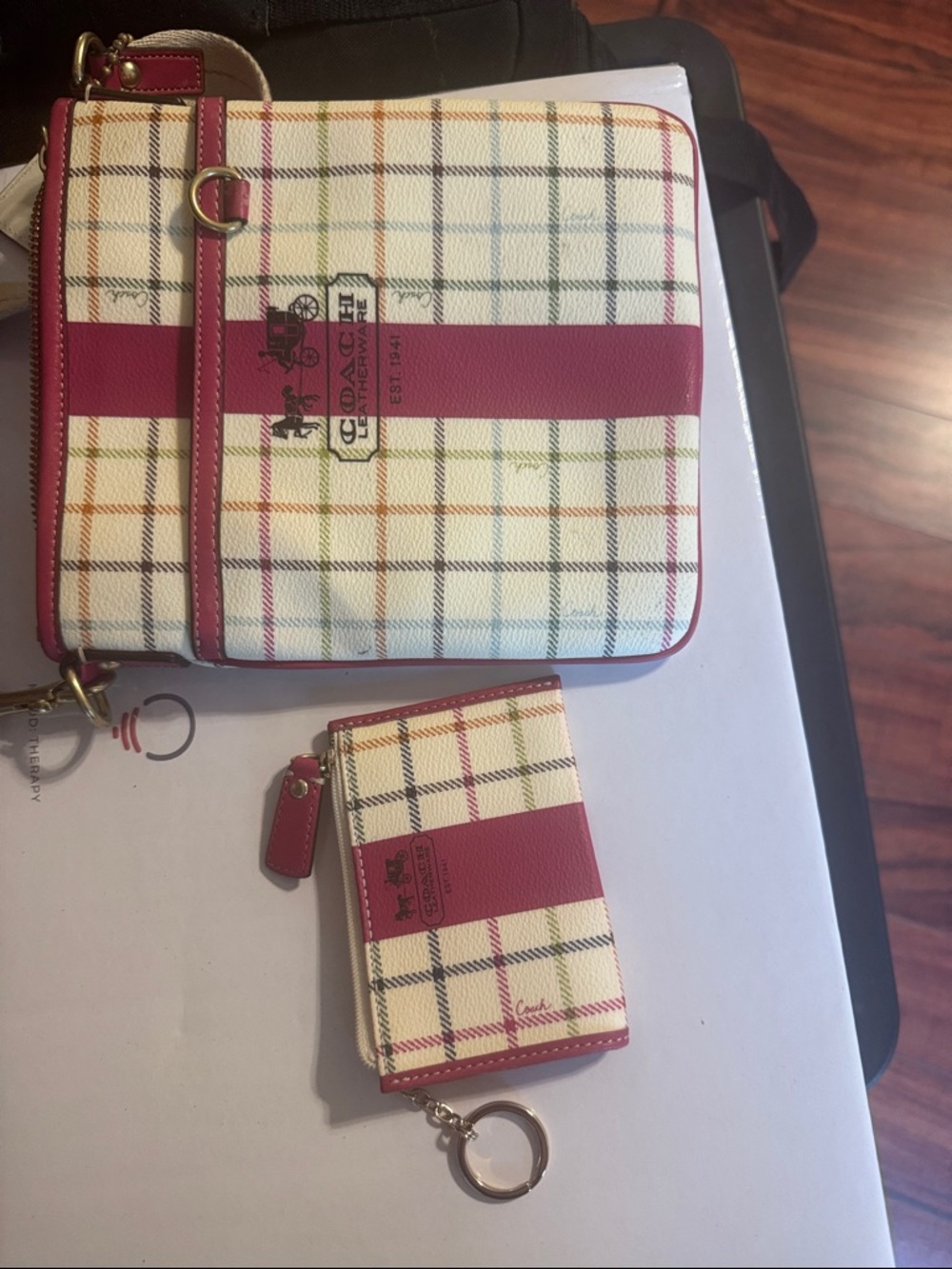 Coach Cream Plaid Crossbody Bag with Pink Stripe & Matching Card Case